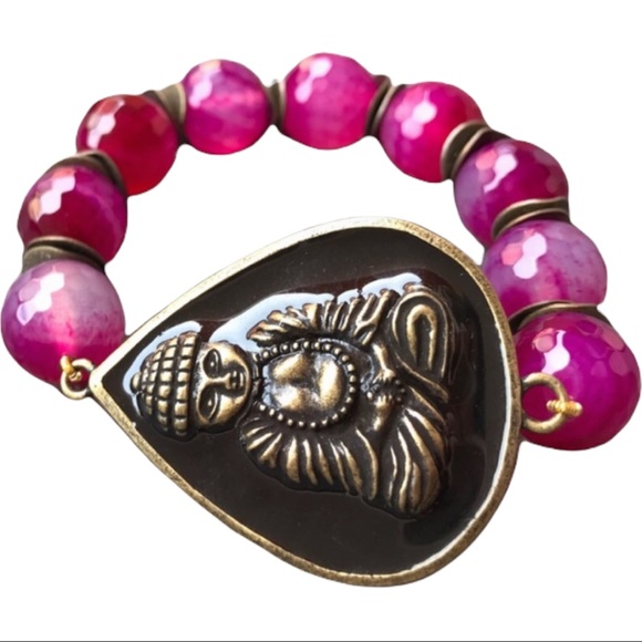 Pink agate Buddha Beaded stretch Bracelet - Picture 5 of 16